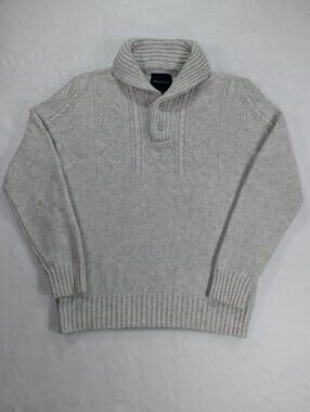 American Eagle Gray Cable Knit Fisherman Shawl Collar Sweater Mens L Heavyweight